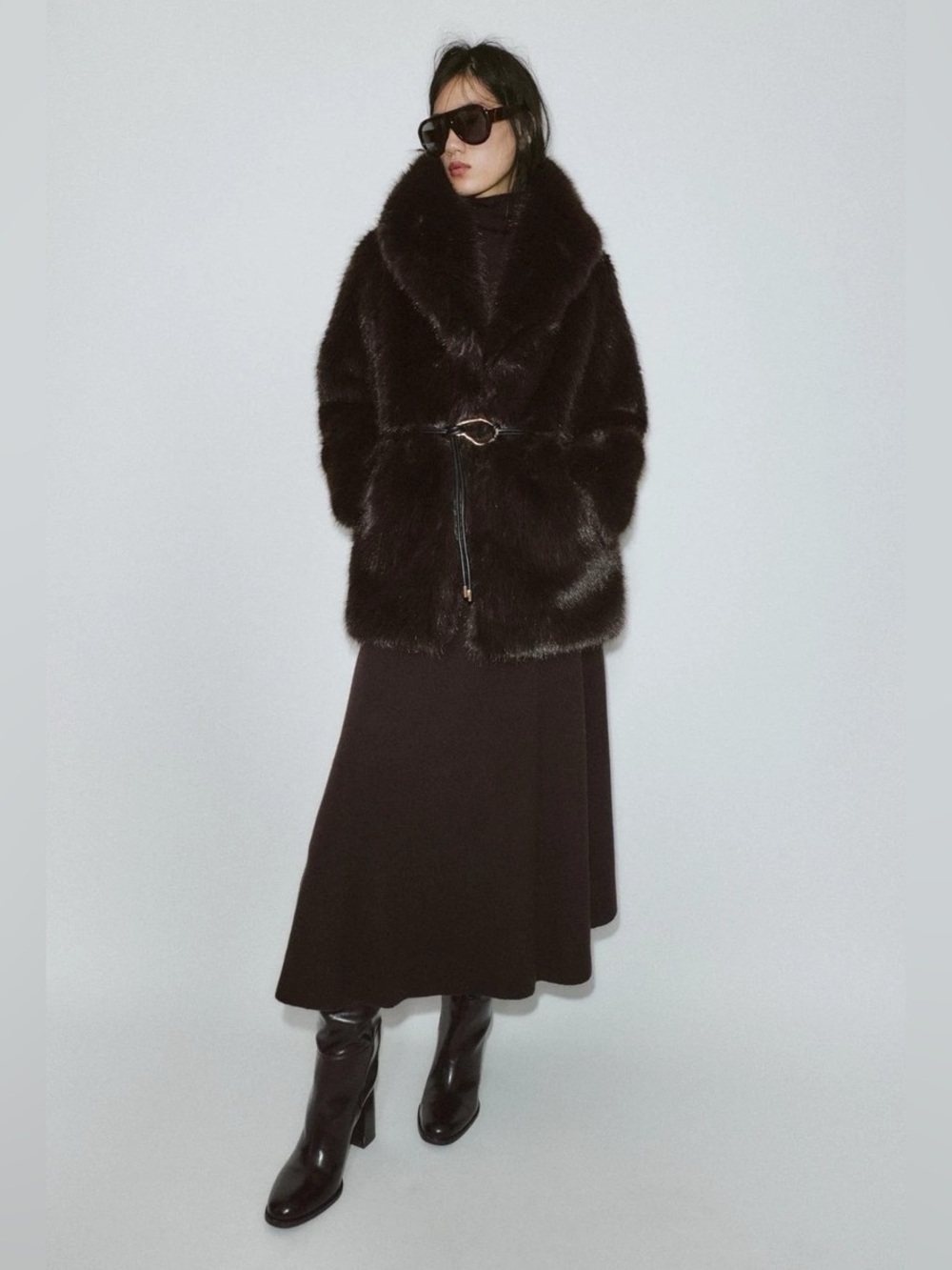 NWOT. Zara Brown Faux Fur Belted Coat. Size S, M.